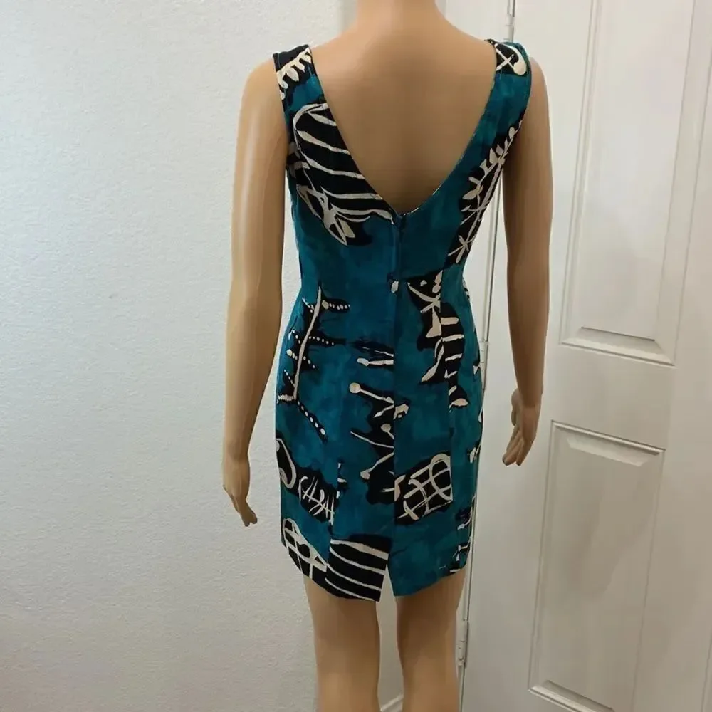 All That Jazz 5/6 Teal Black Fish Tropical Square Neck Sleeveless Mini Summer